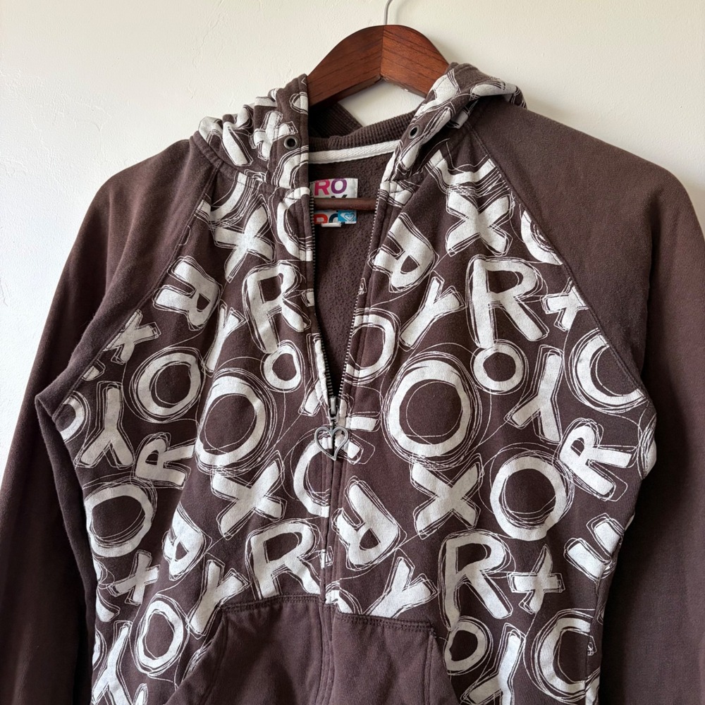 Vintage Roxy Y2K Brown Logo Zip Up Hoodie Sweatshirt Large Glam Punk